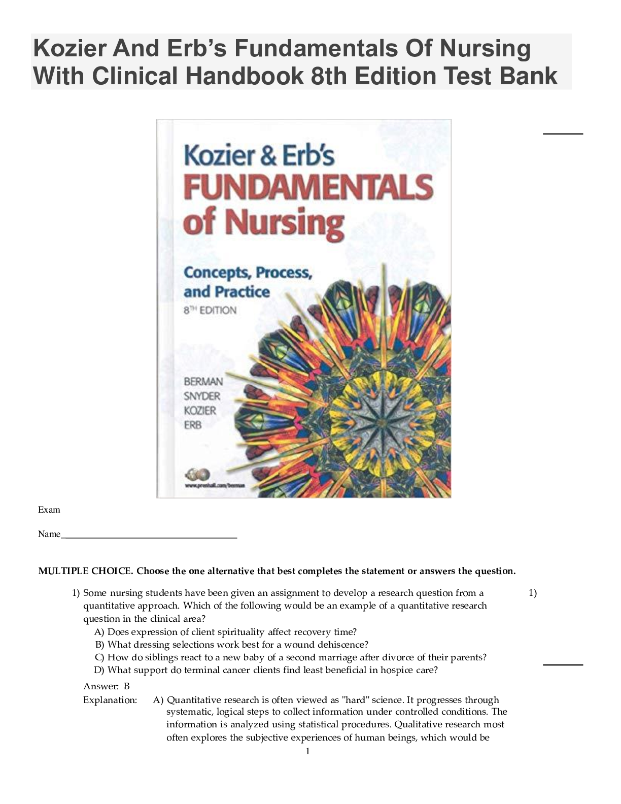 Test Bank-k16001-Kozier And Erb’s Fundamentals Of Nursing-With Clinical Hand Book-8Ed